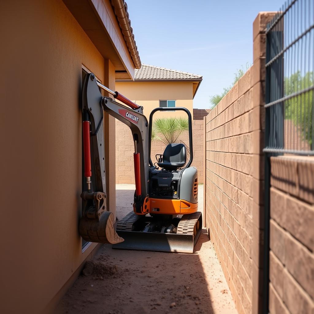 Mini excavator navigating narrow gate access in a Scottsdale backyard